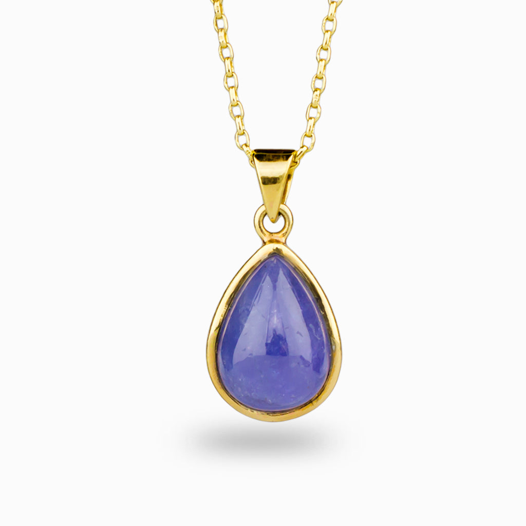 Tanzanite cabochon teardrop bezel set Necklace in yellow gold vermeil