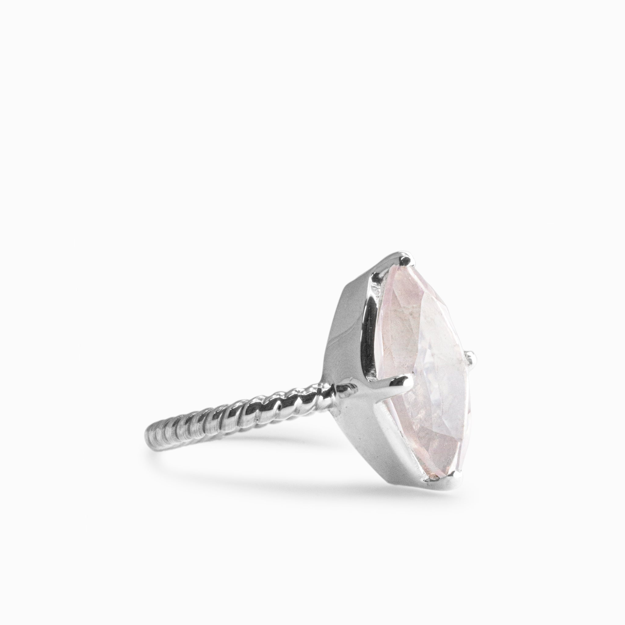 rose quartz faceted marquise claw ring with rope band