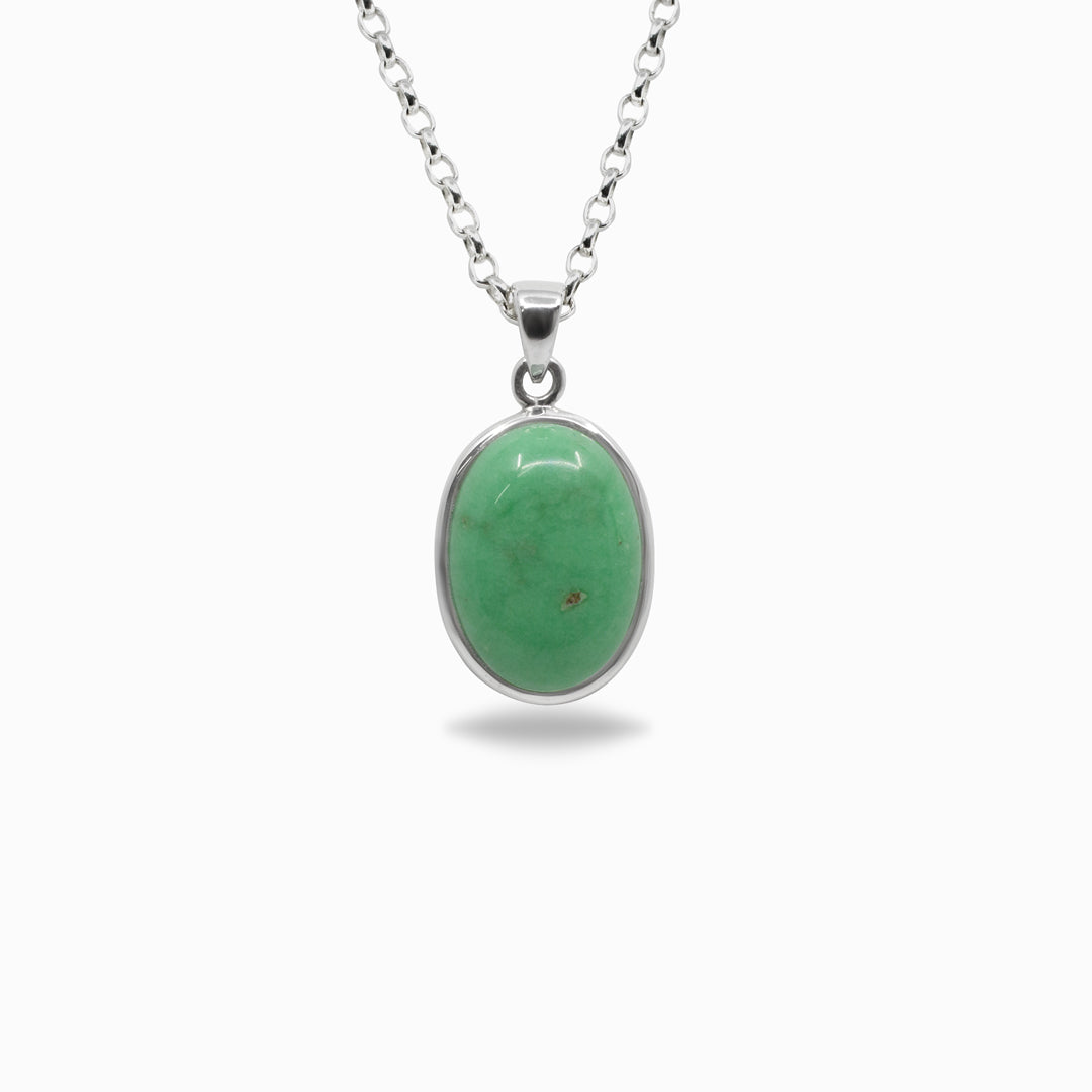 Necklace with a green oval pendant on a white background