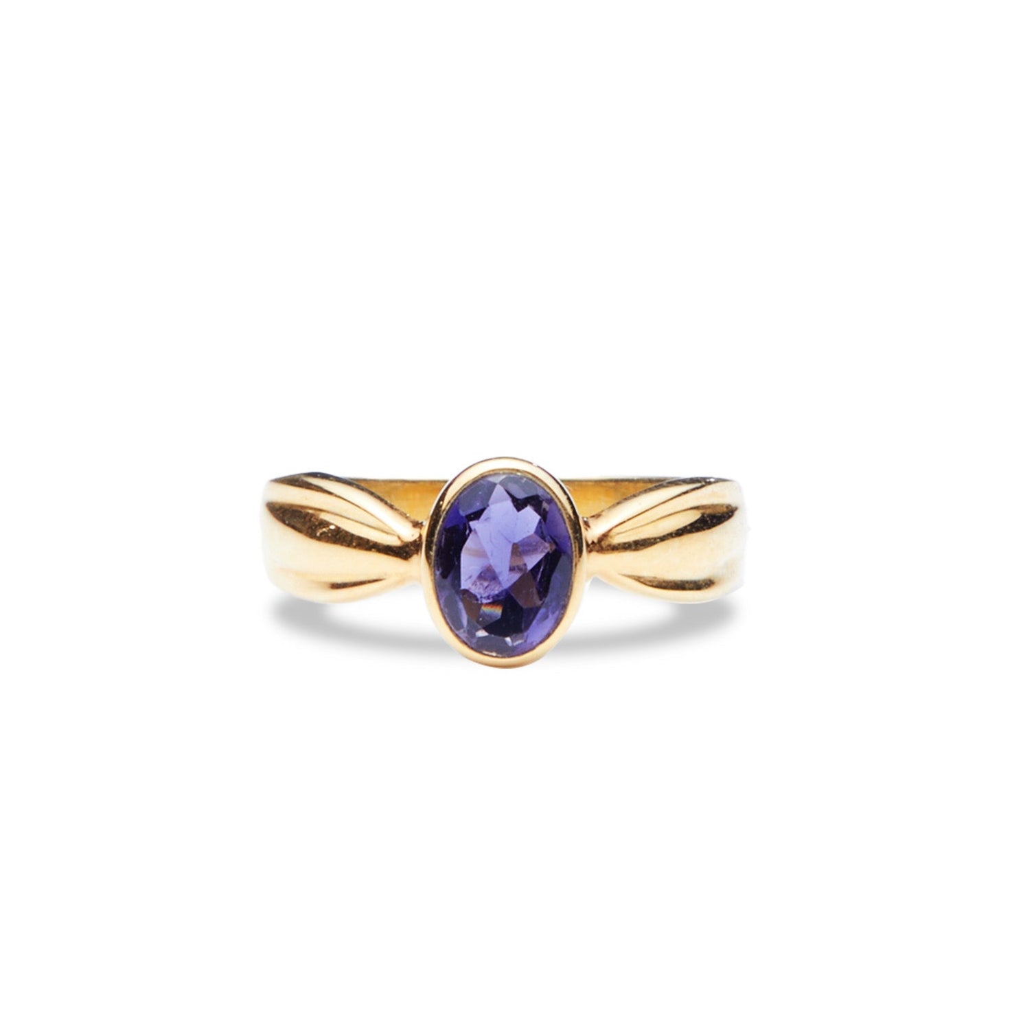 Iolite faceted oval vermeil ring with detailed band  front angle