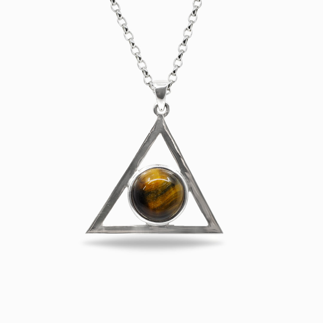 Necklace with a triangular pendant featuring a Tiger's Eye stone on a white background