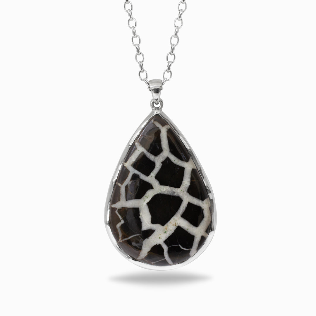 Silver necklace with teardrop-shaped pendant with brown and white pattern on a white background