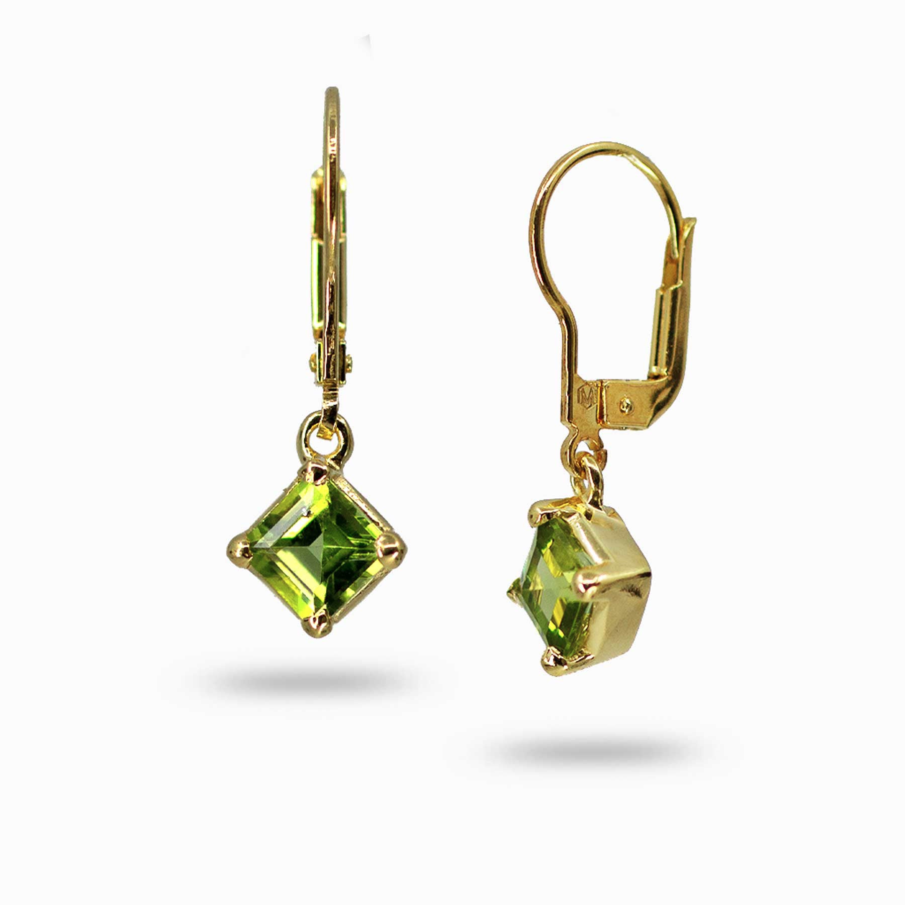 14k gold vermeil finish drop earrings with green gemstones on a white background