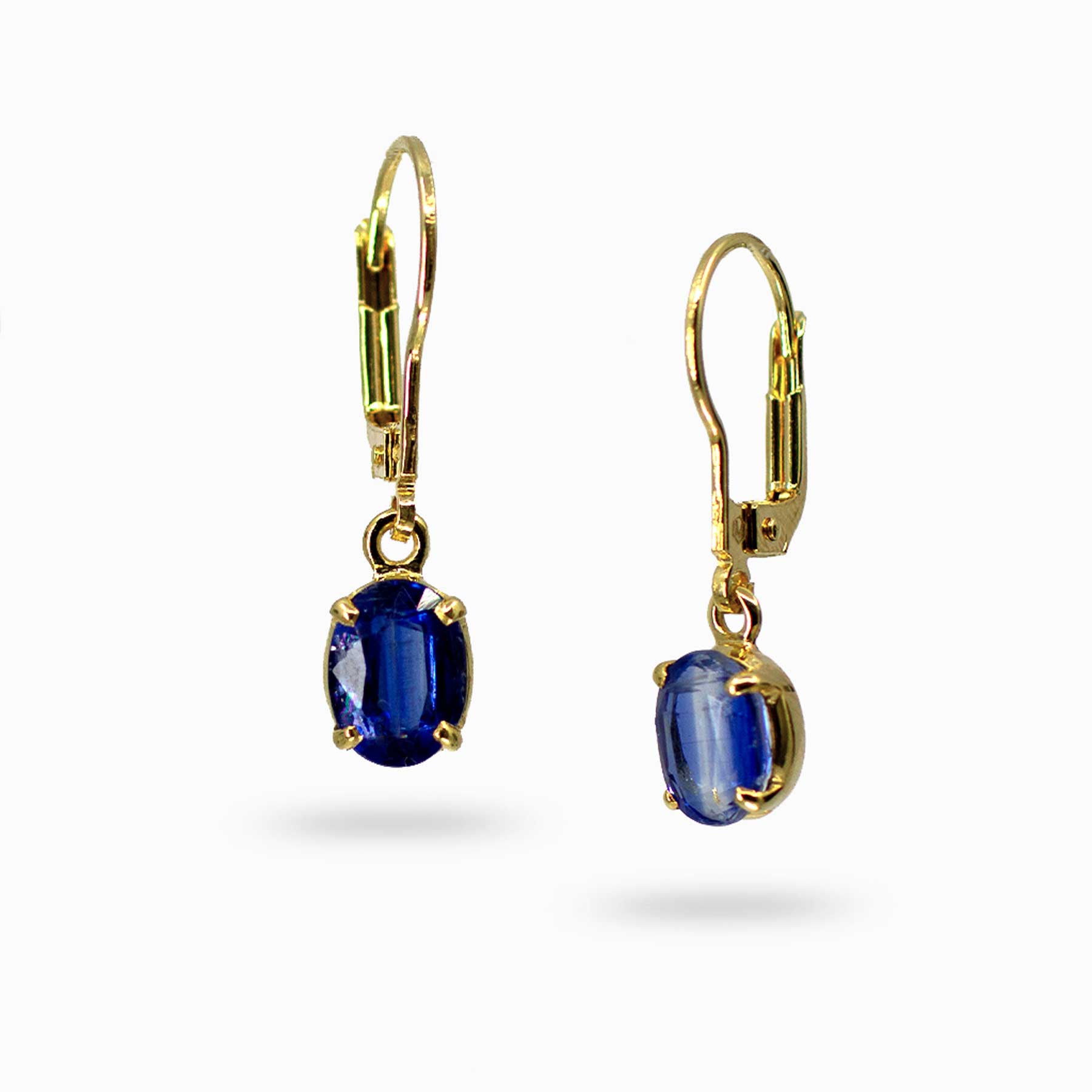 14k gold vermeil finish drop earrings with blue gemstones on a white background
