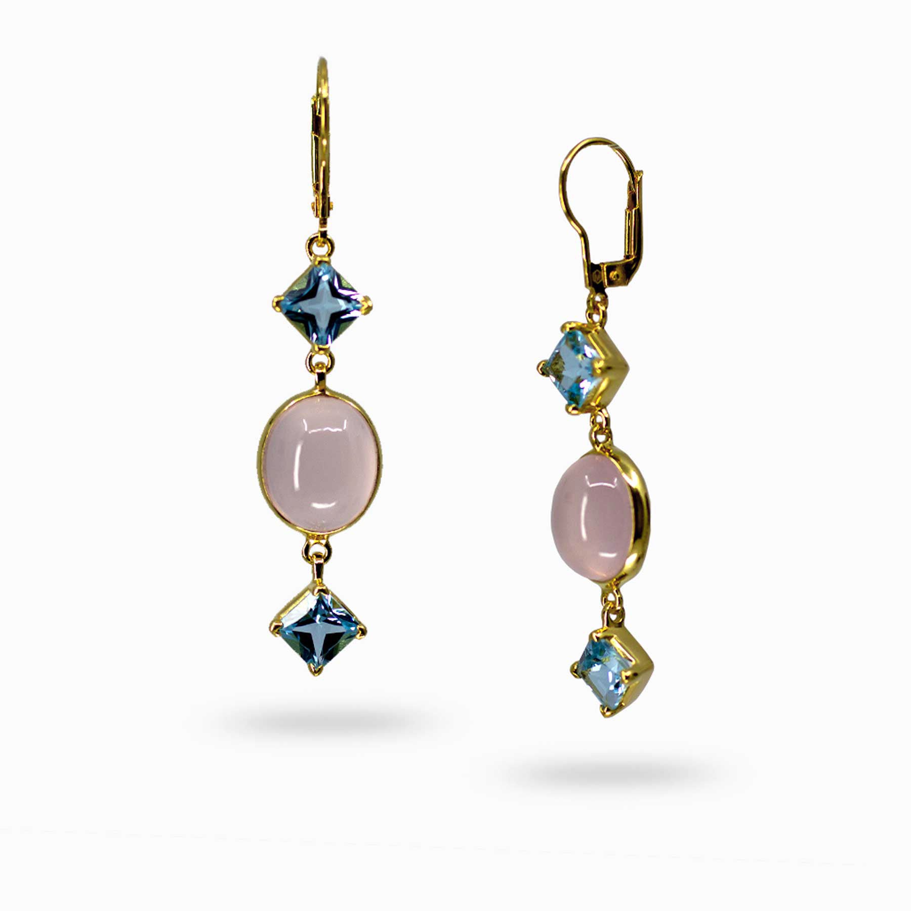 14k gold vermeil finish drop earrings with pink and blue gemstones on a white background