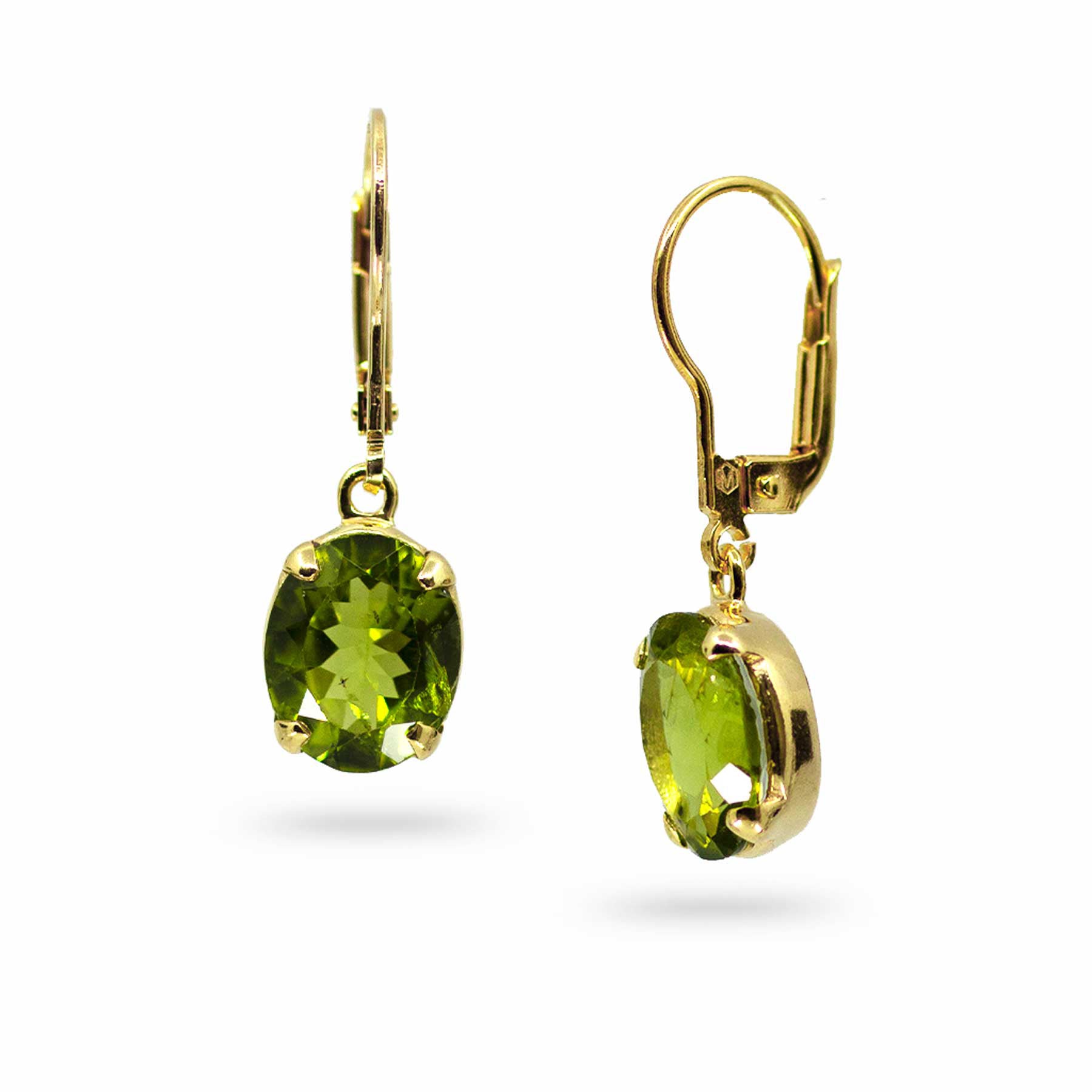 14k gold vermeil finish drop earrings with green gemstones on a white background