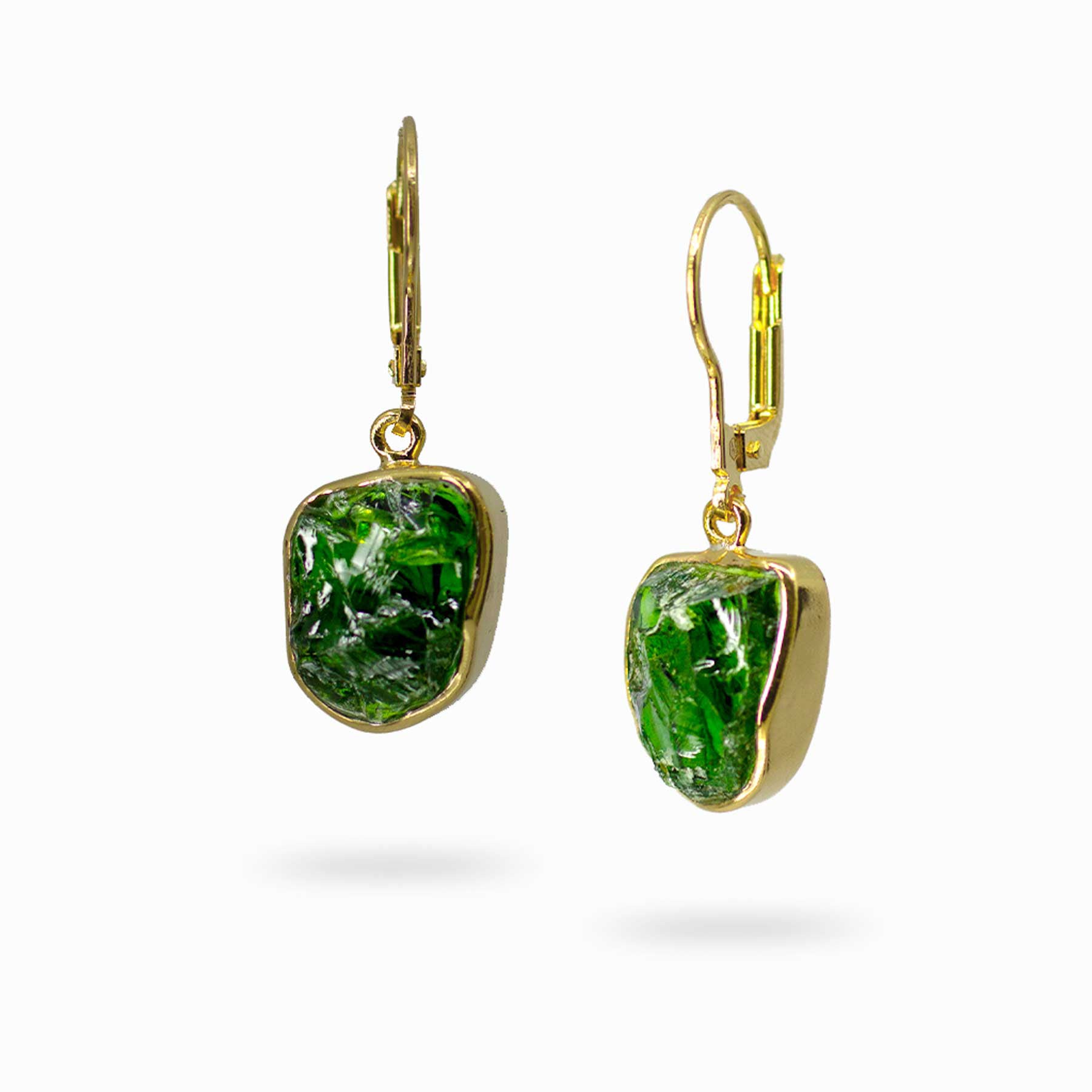14k gold vermeil finish drop earrings with green gemstones on a white background