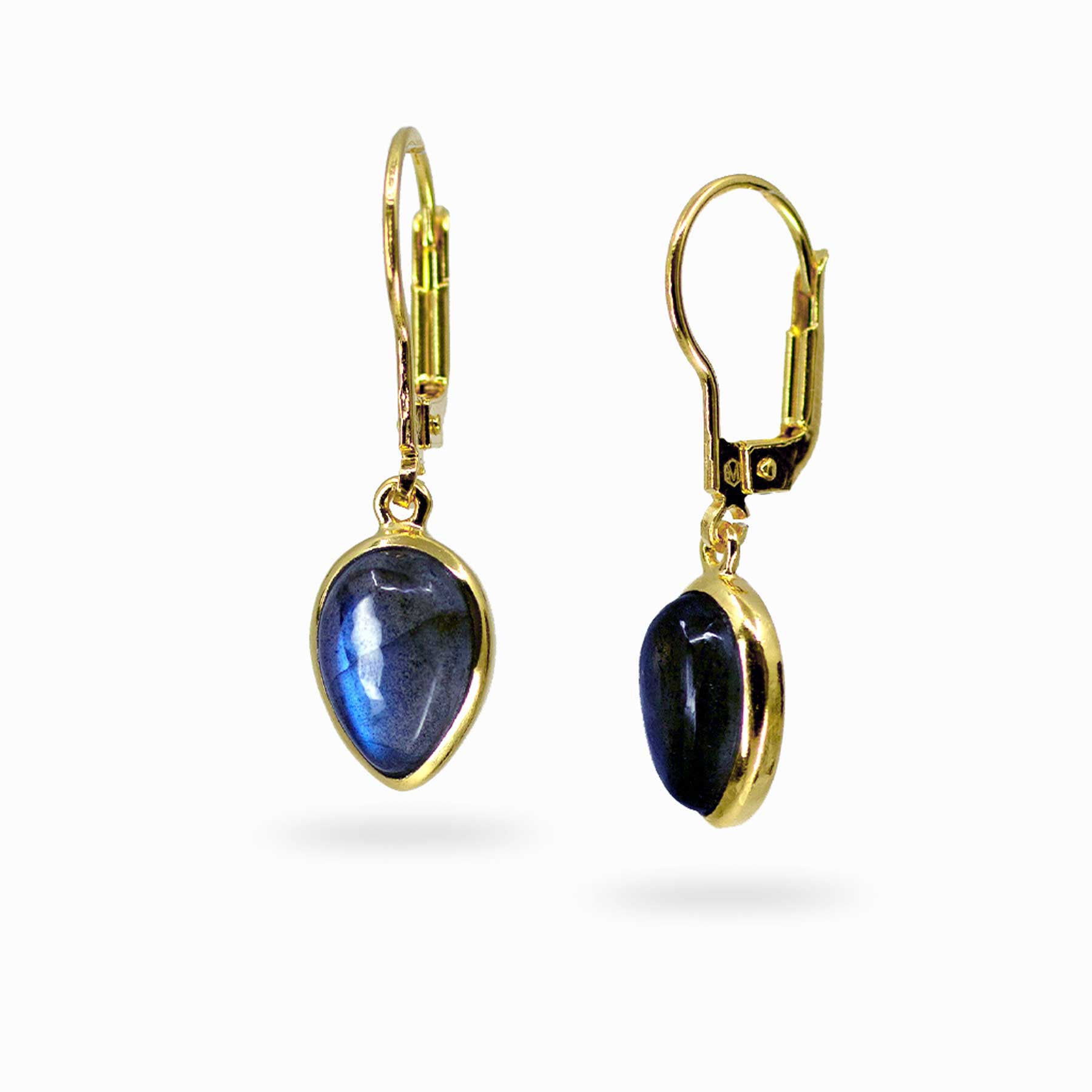14k gold vermeil finish drop earrings with blue gemstones on a white background