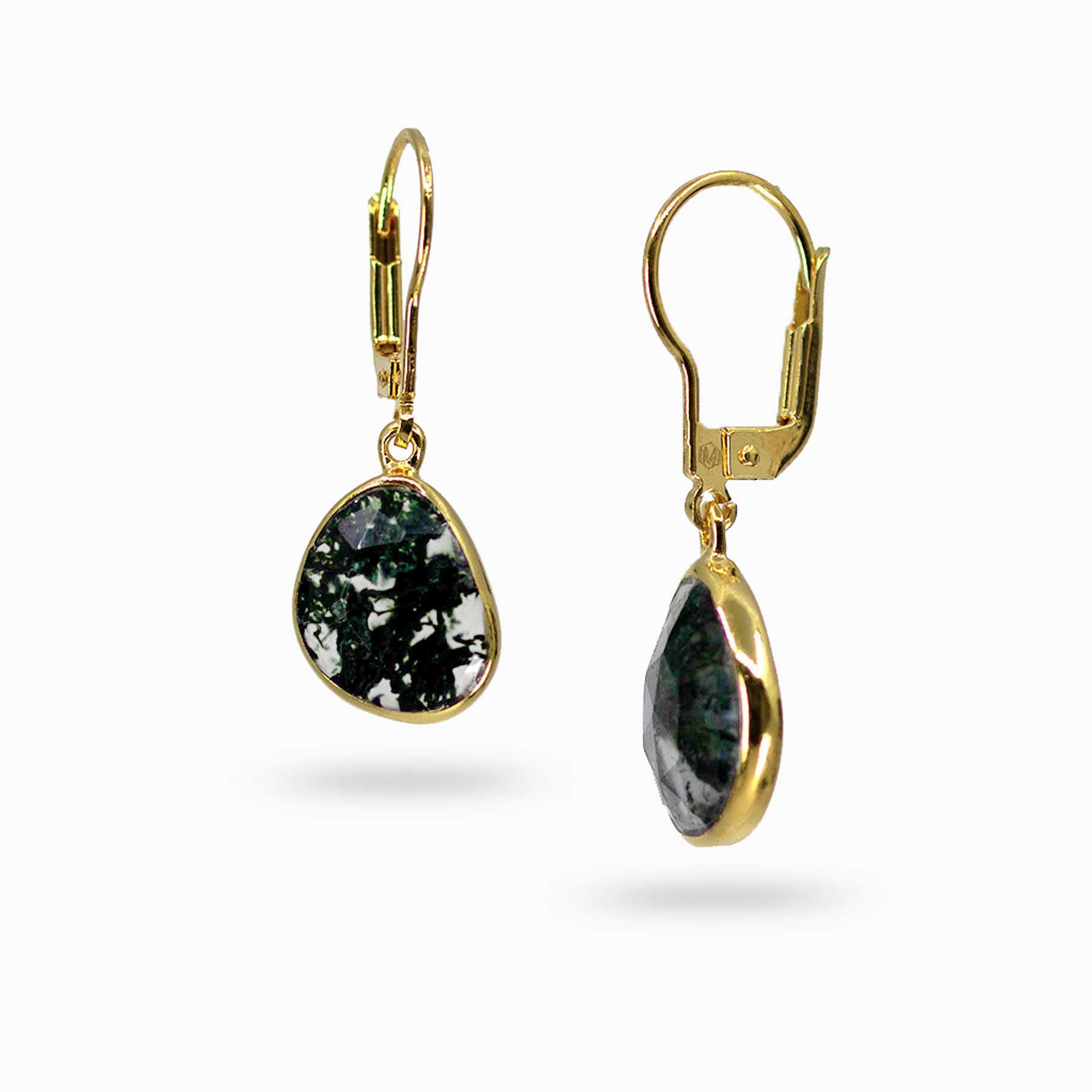 14k gold vermeil finish drop earrings with green gemstones on a white background