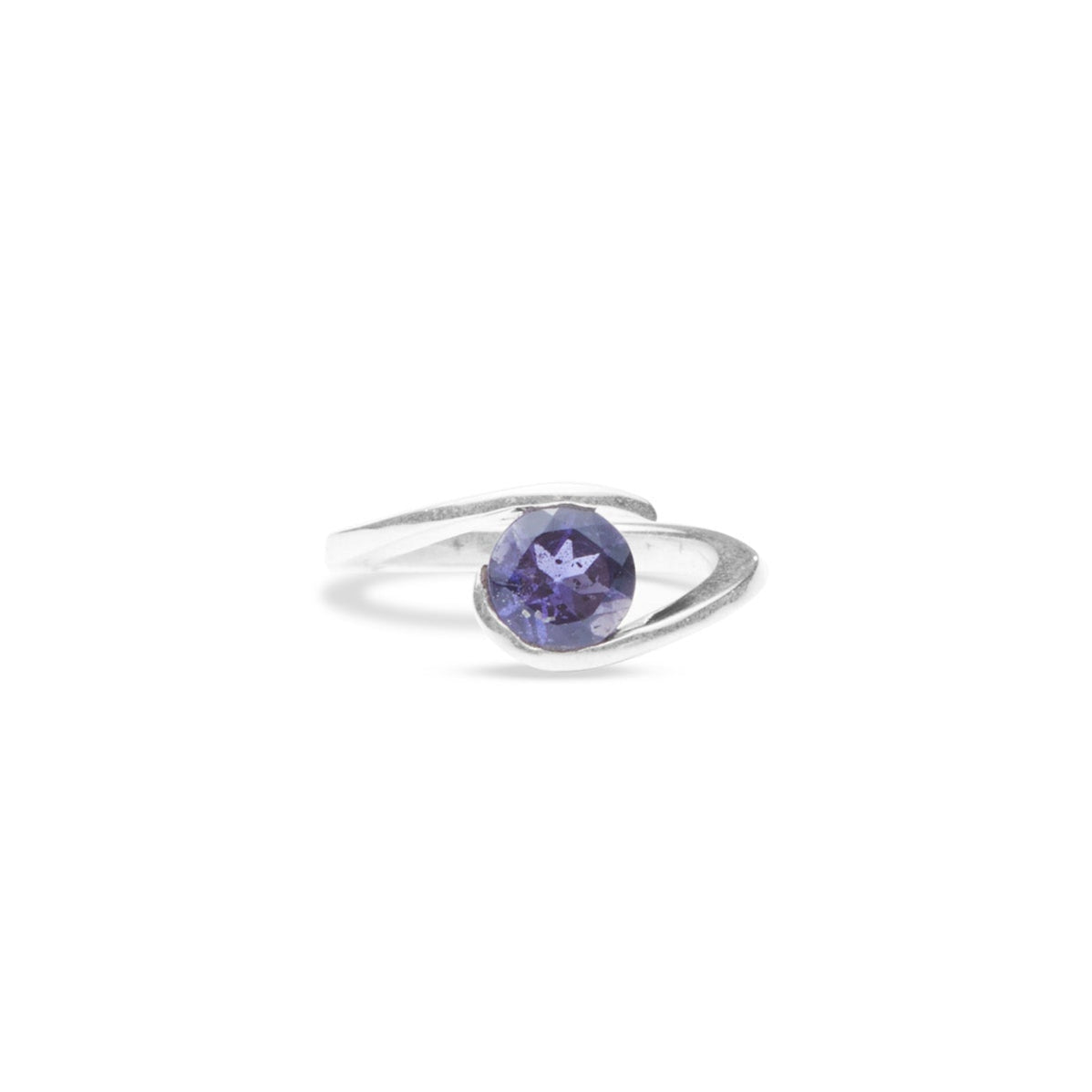 Iolite round faceted ring with clamp claw 