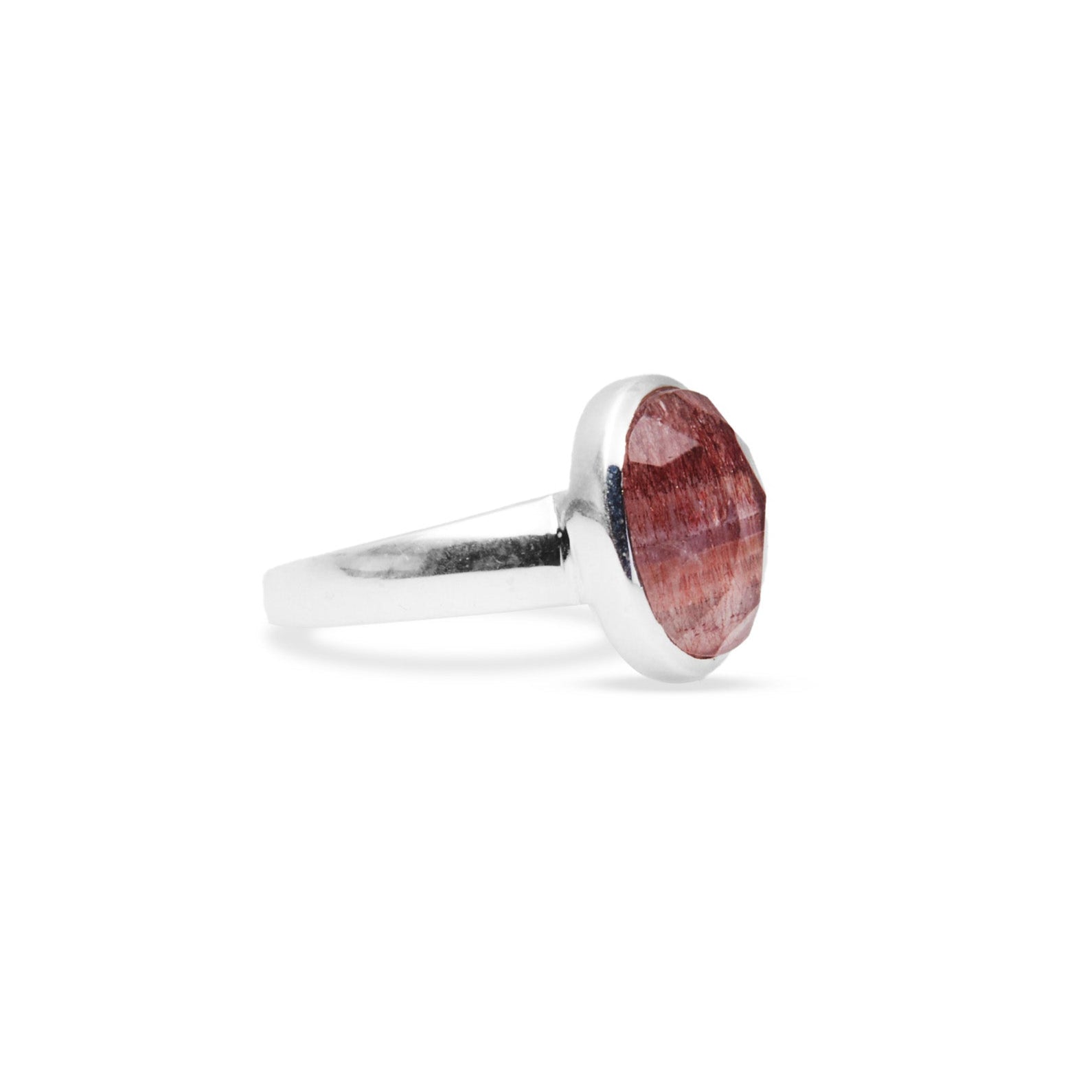 Elestial quartz checkerboard faceted oval ring side angle