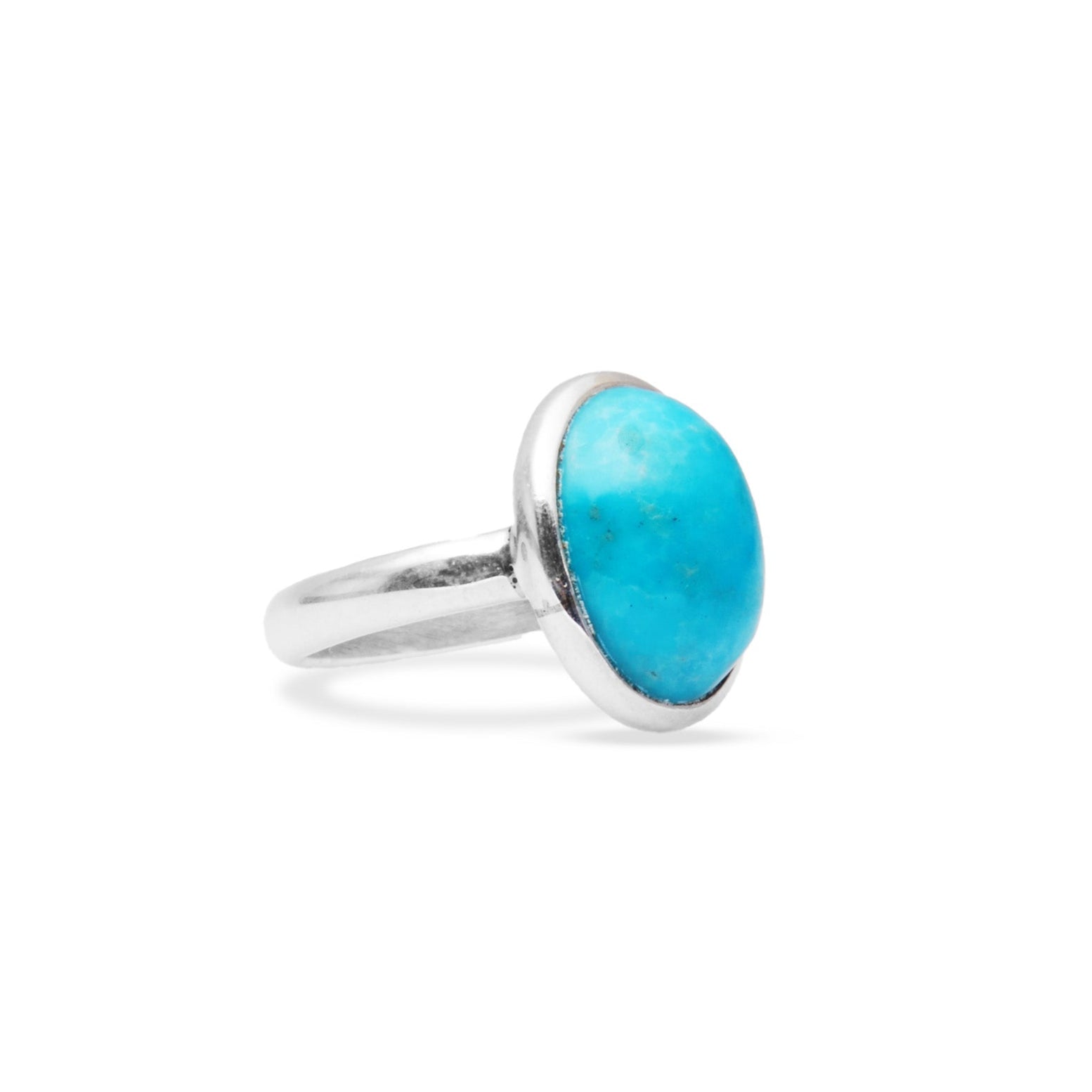 Feroza Turquoise cabochon oval ring with bezel setting side angle