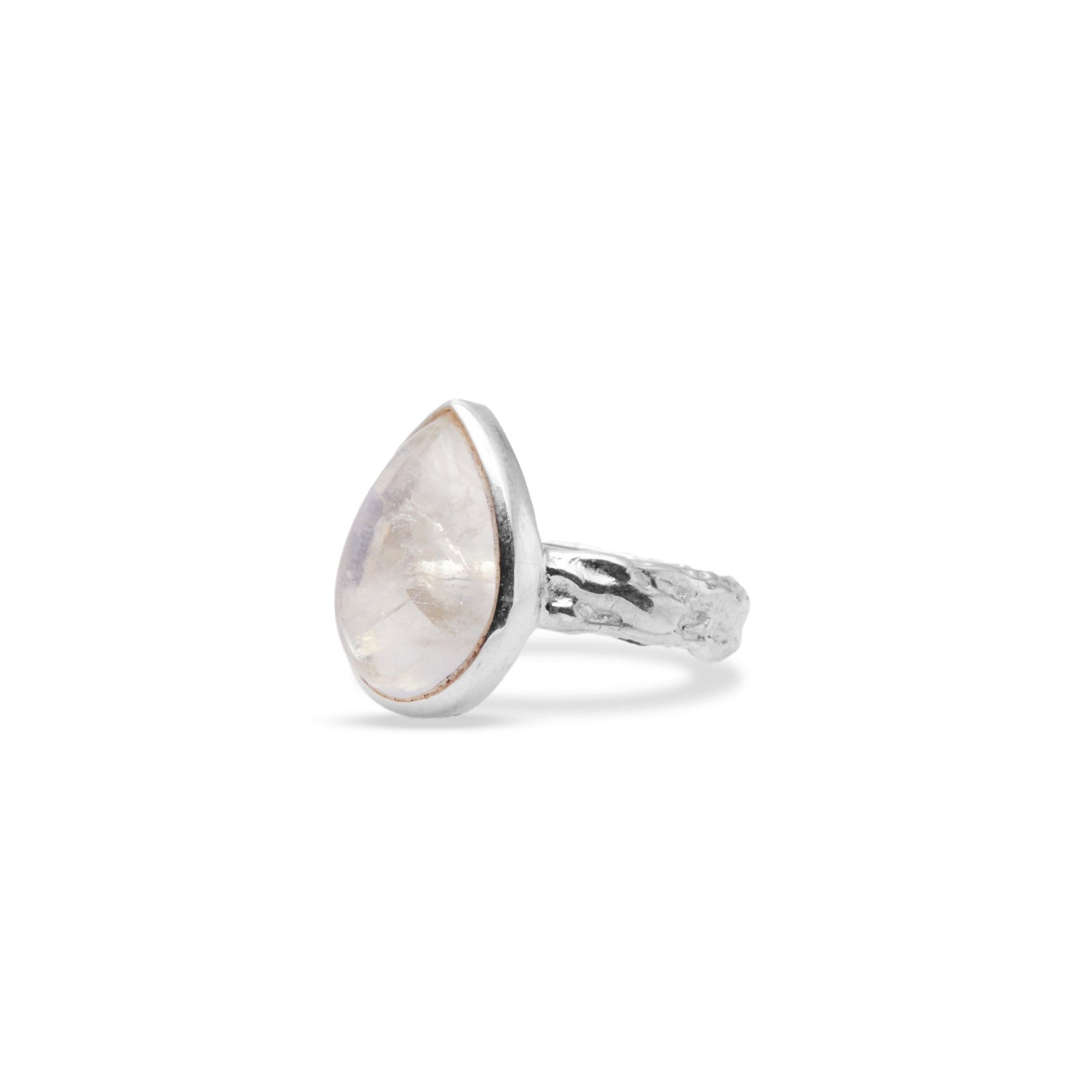 Rainbow Moonstone teardrop cabochon ring with textured band side angle
