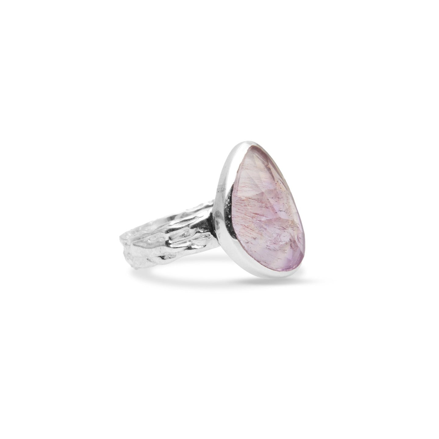 Elestial quartz with checkerboard facet and textured band ring side angle