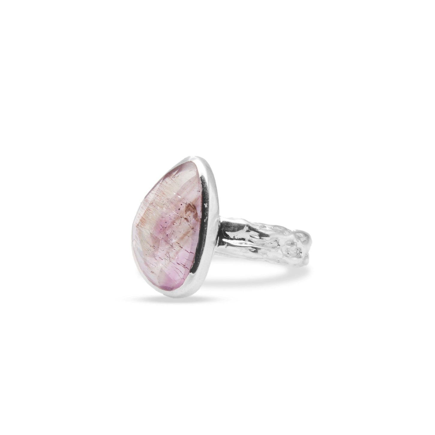 Elestial quartz with checkerboard facet and textured band ring