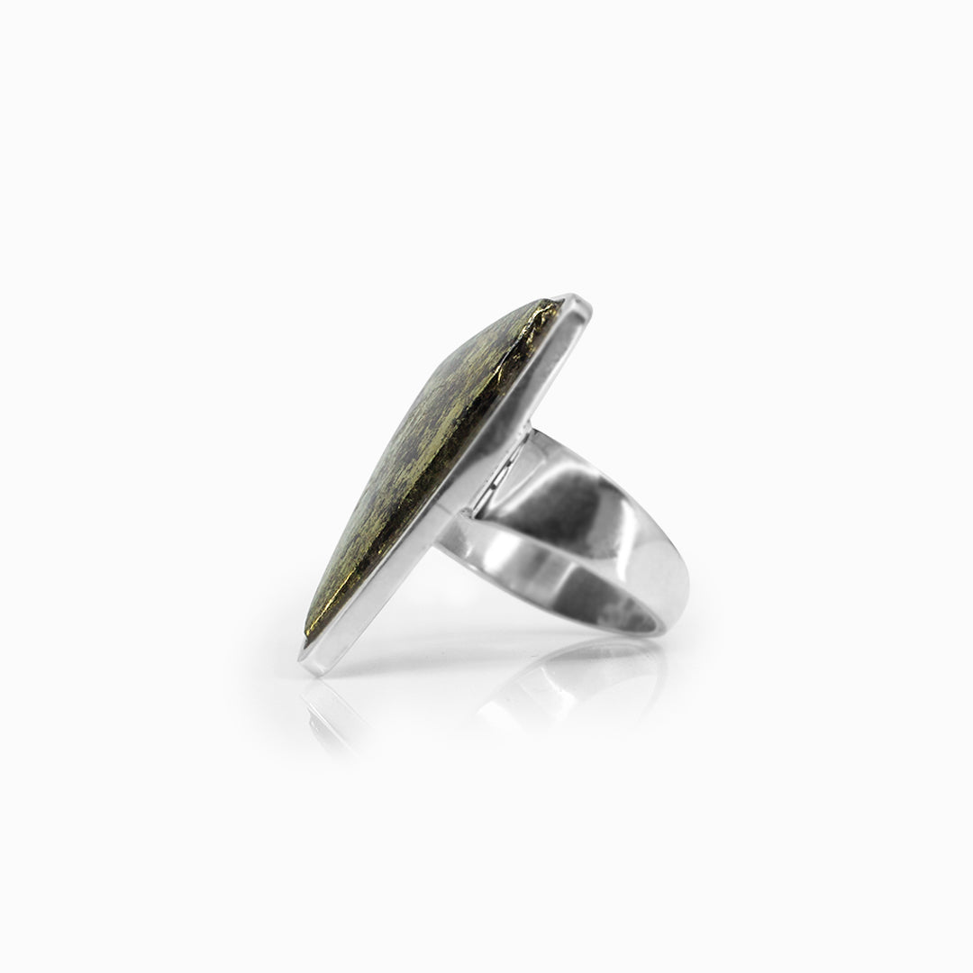 Silver ring with a metallic stone on a white background