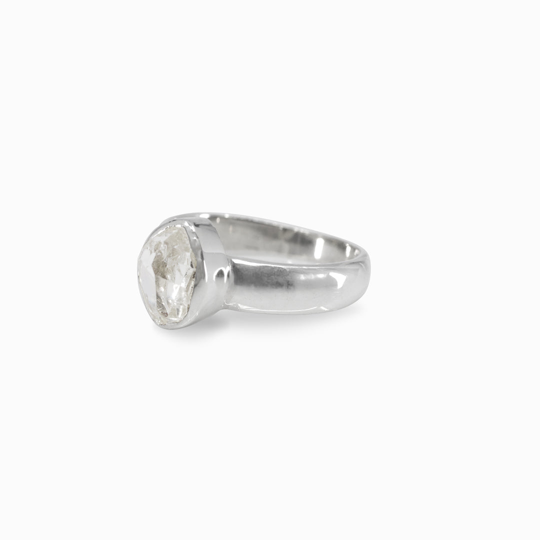 Silver ring with a clear gemstone on a white background