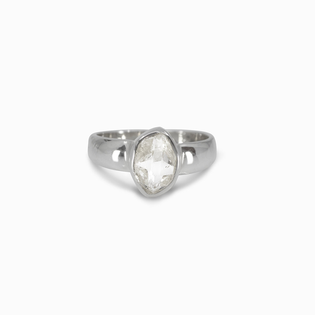 Silver ring with a clear gemstone on a white background