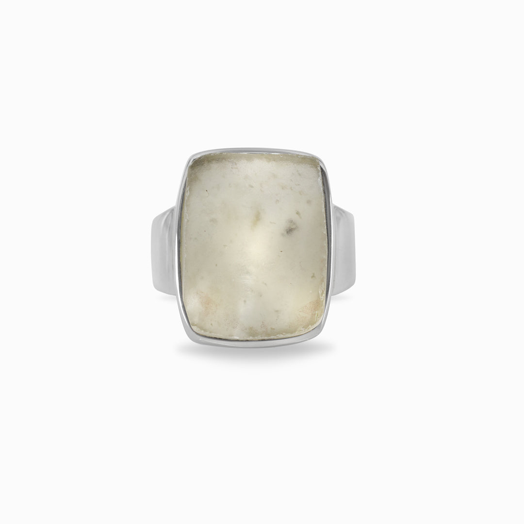 Silver ring with a sheer stone on a white background