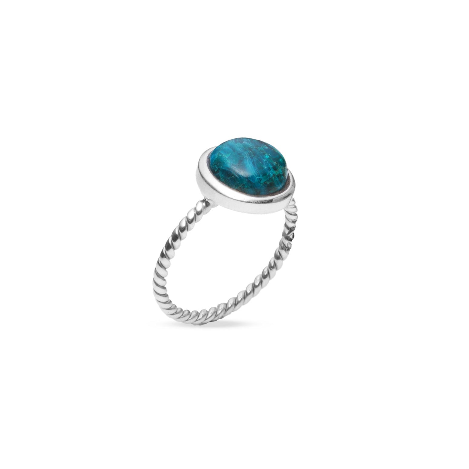 Chrysocolla Malachite cabochon round bezel set ring with rope band 