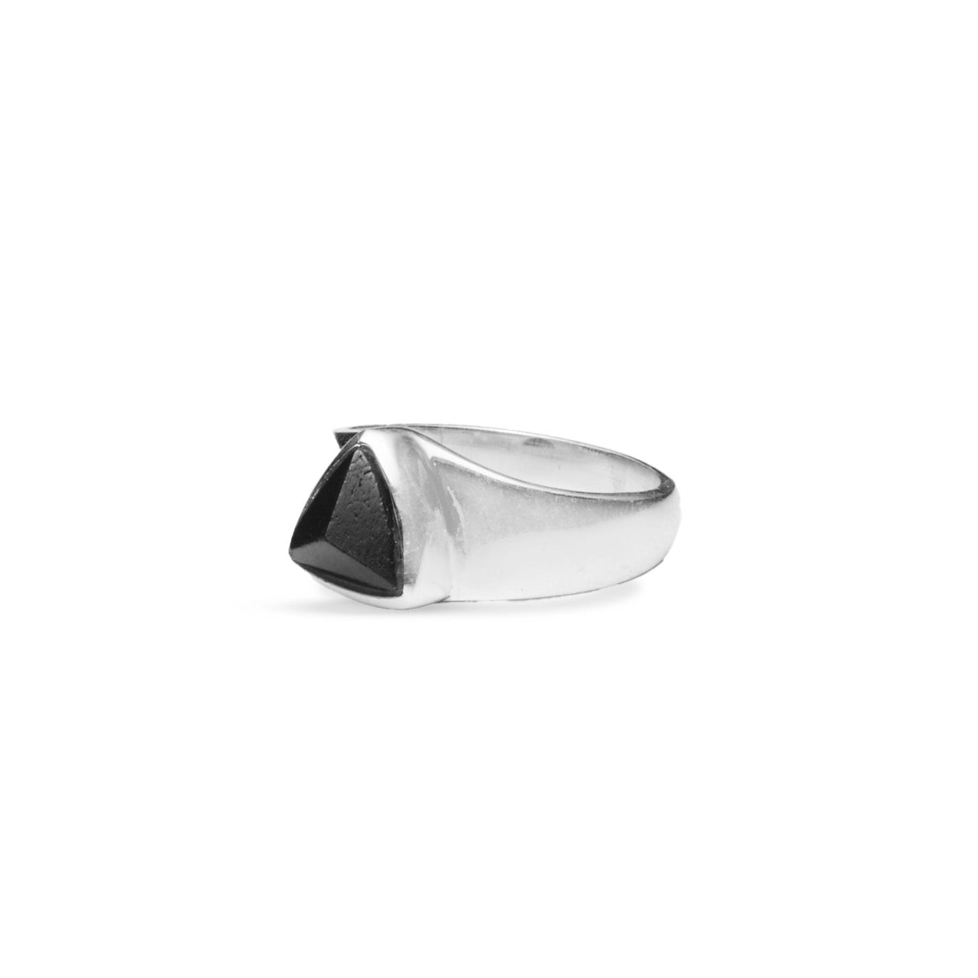 Black Tourmaline triangle faceted ring with bezel setting side angle