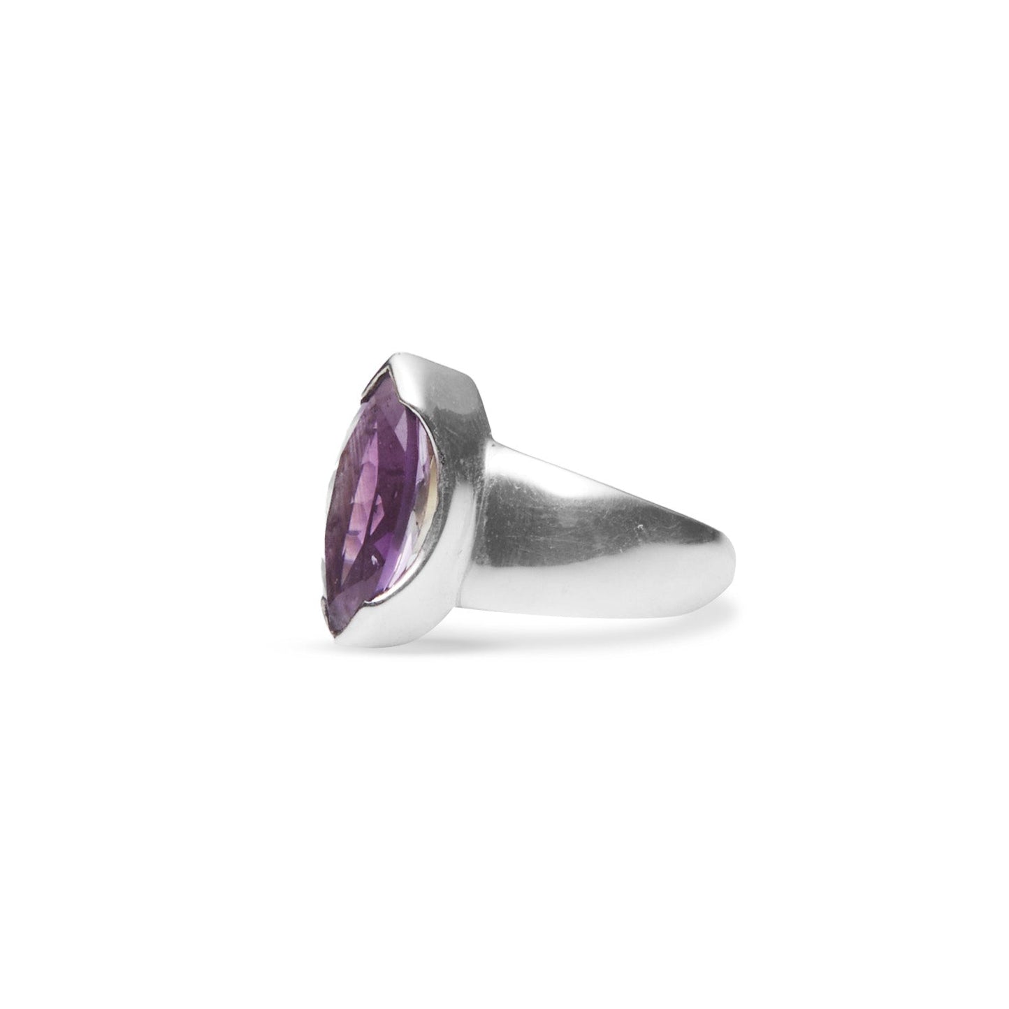 Amethyst marquise faceted ring with clamp bezel side angle