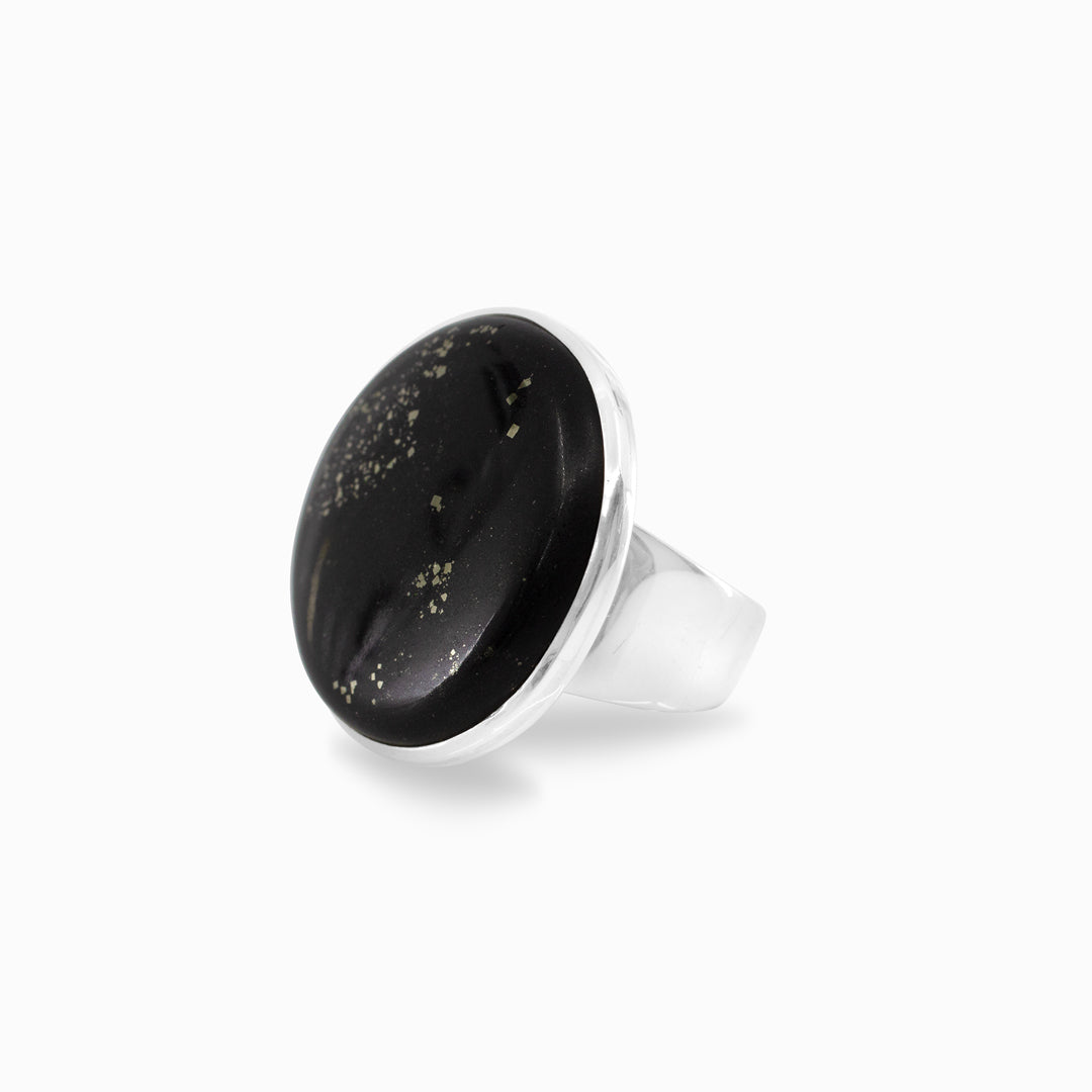 Black stone ring with silver band on a white background