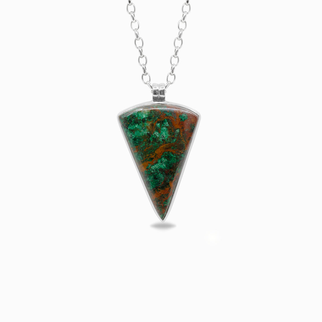 Triangular pendant necklace with green and brown pattern on a white background