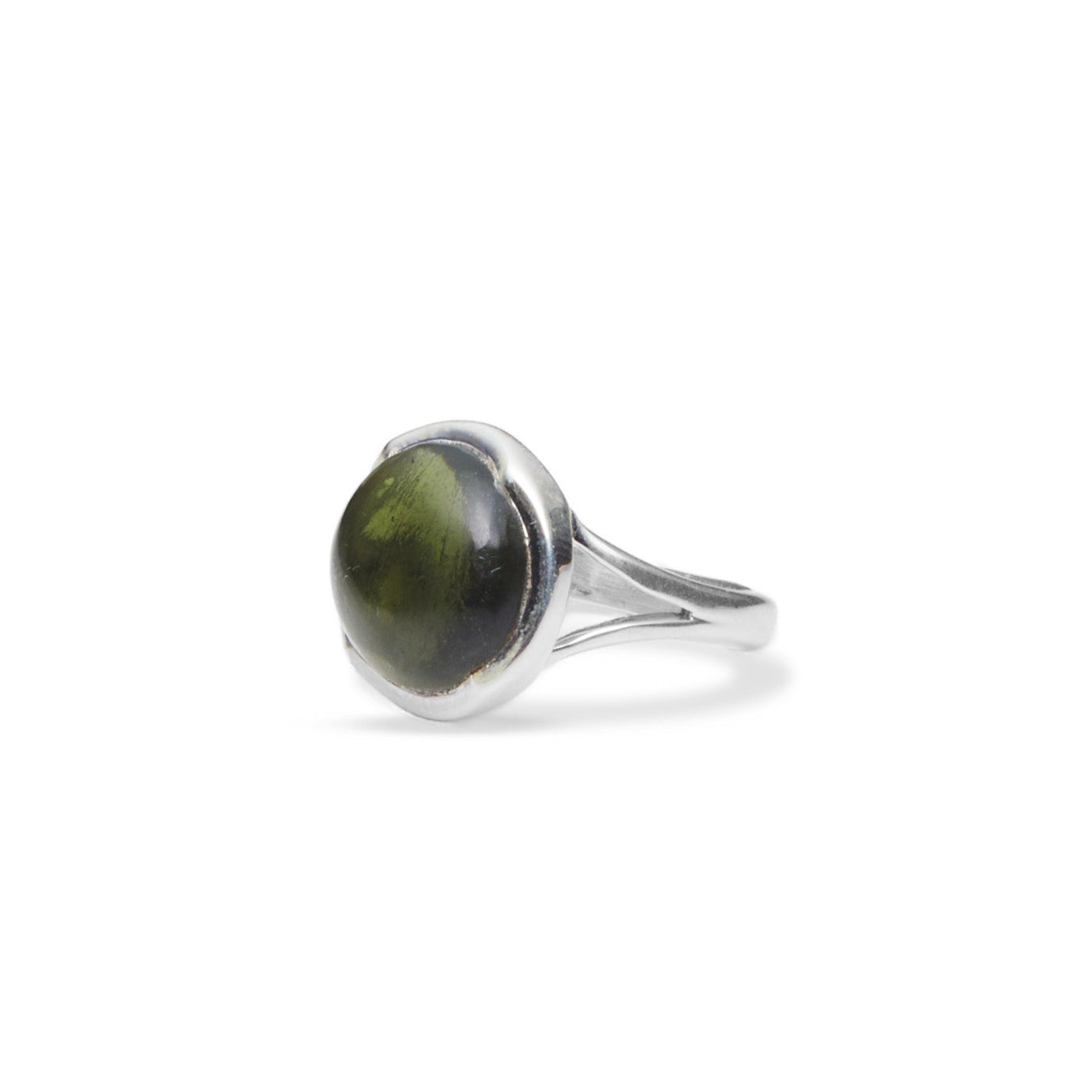 Moldavite round cabochon wave bezel ring with split band side angle