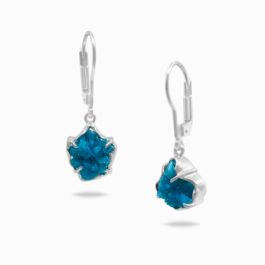 Pair of silver earrings with blue gemstones on a white background