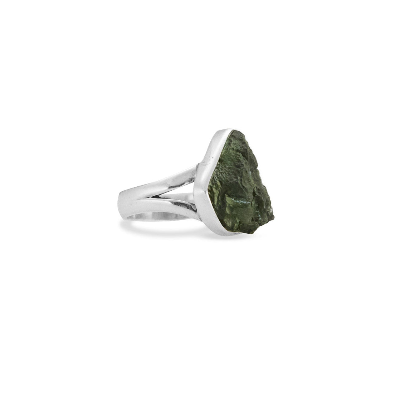 Moldavite rough freeform Ring with split band 
