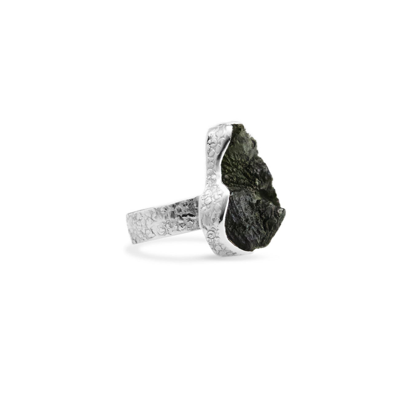 Moldavite rough freeform Ring with textured band 
