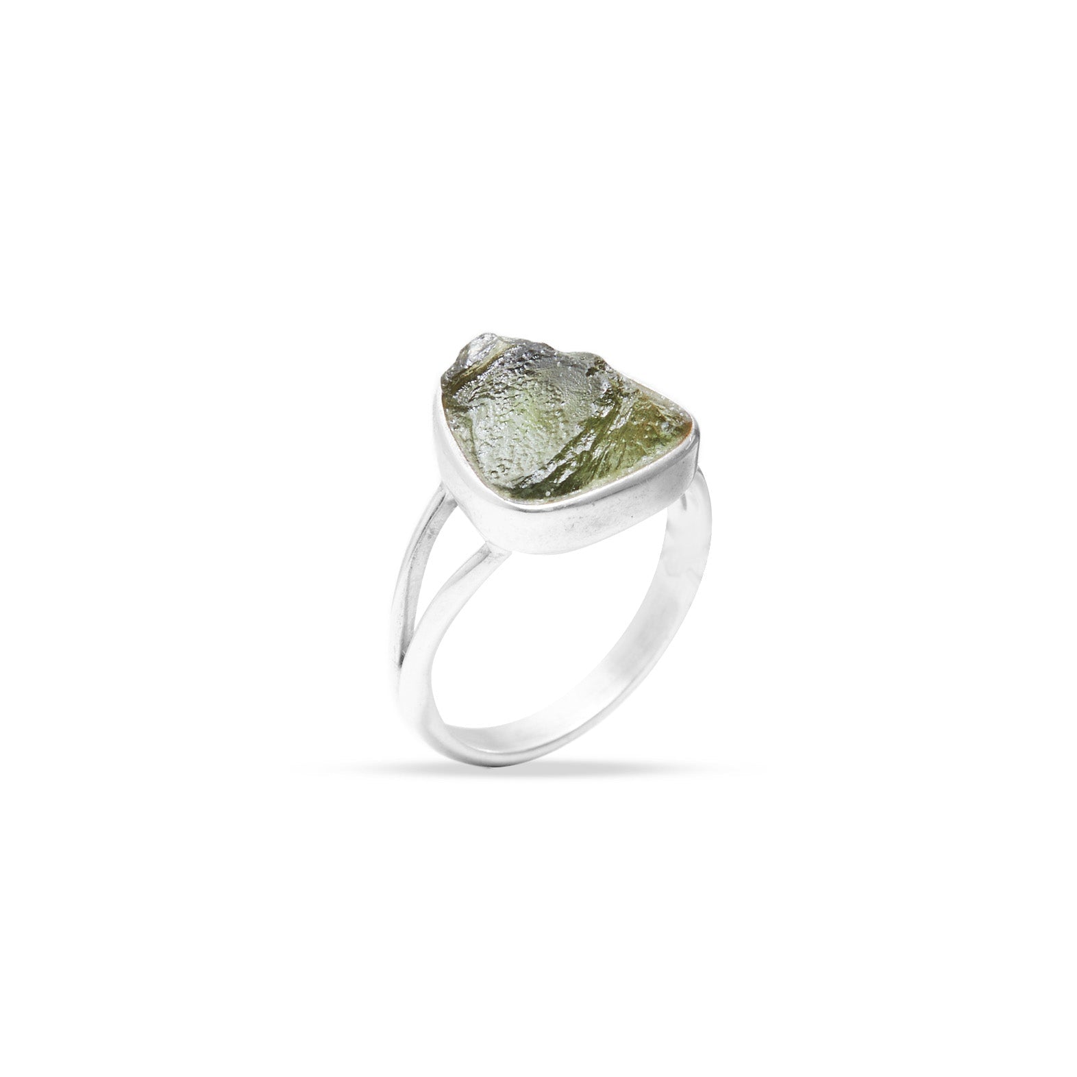 Moldavite rough freeform bezel set Ring with split band