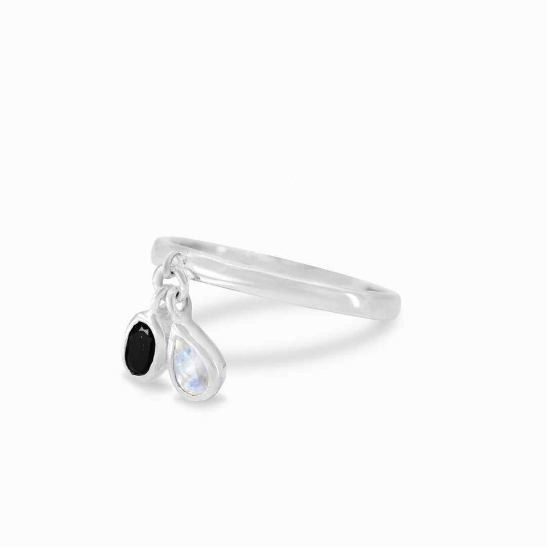 Black Onyx and Rainbow Moonstone Ring
