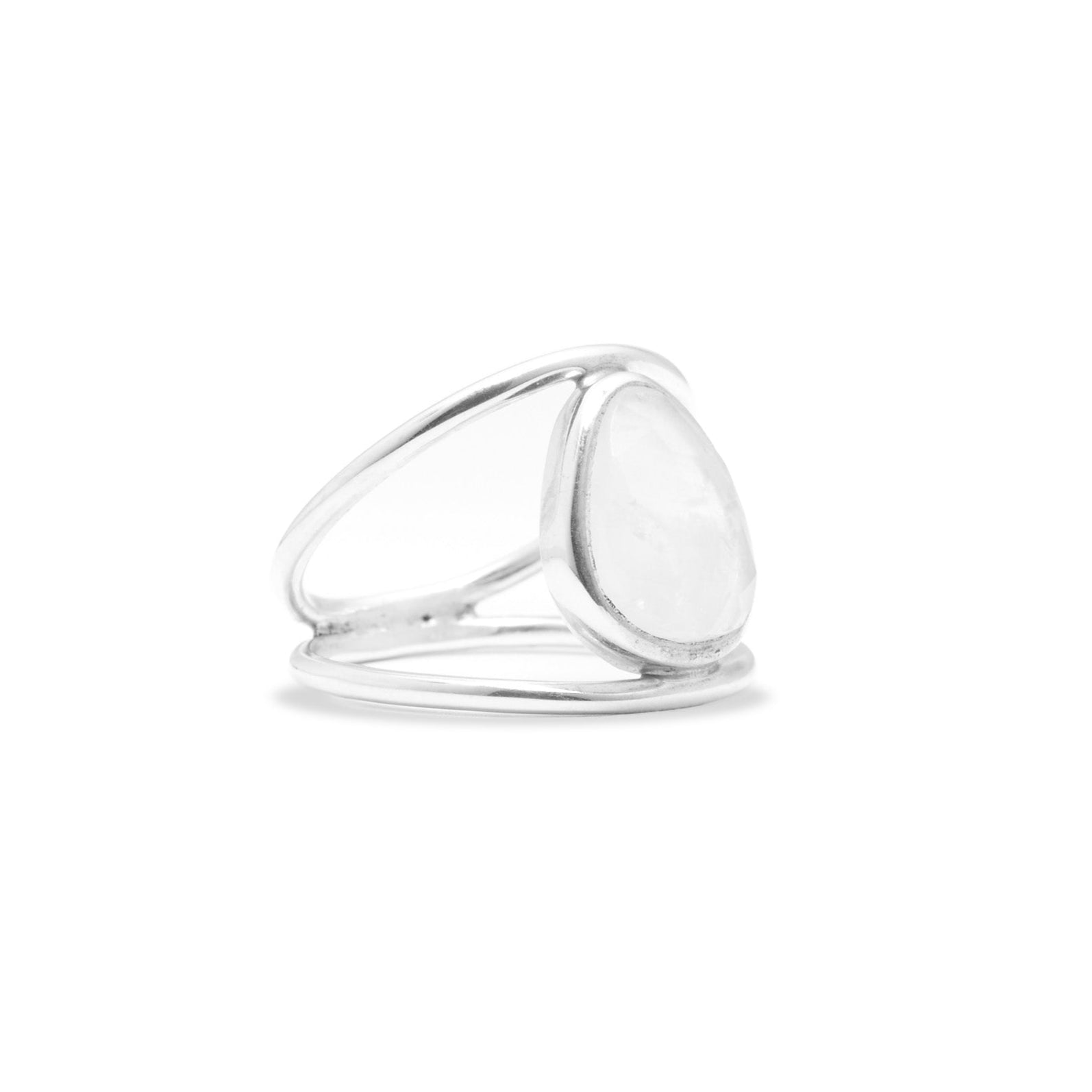 Rainbow Moonstone checkerboard freeform bezel set Ring with an open band 