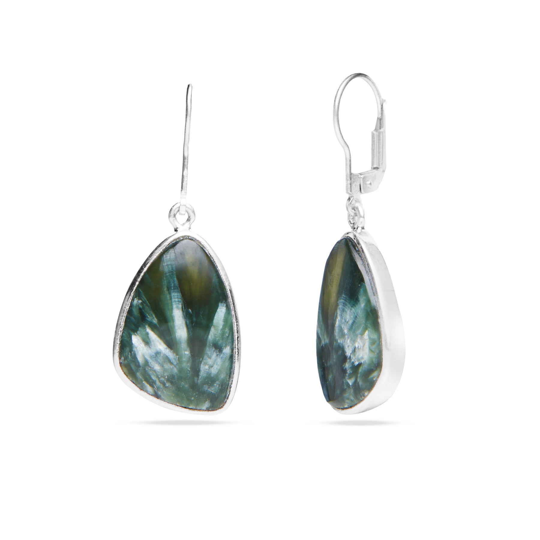 Freeform-shaped earrings with green stone and silver hooks on a white background