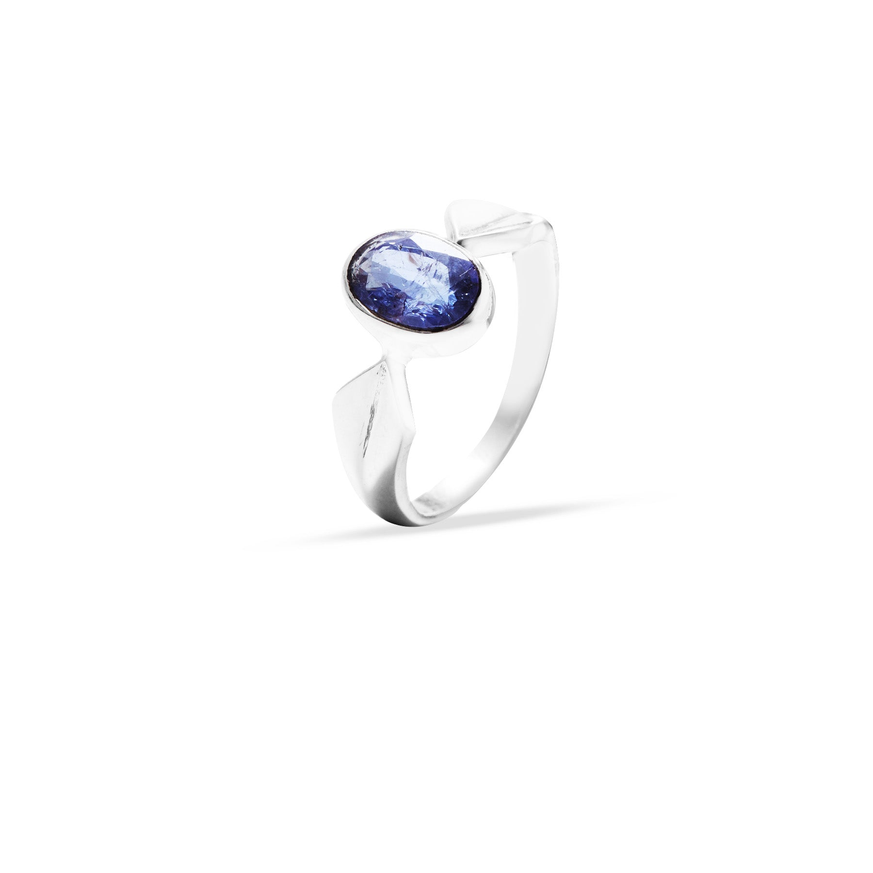 Silver ring with a blue gemstone on a white background