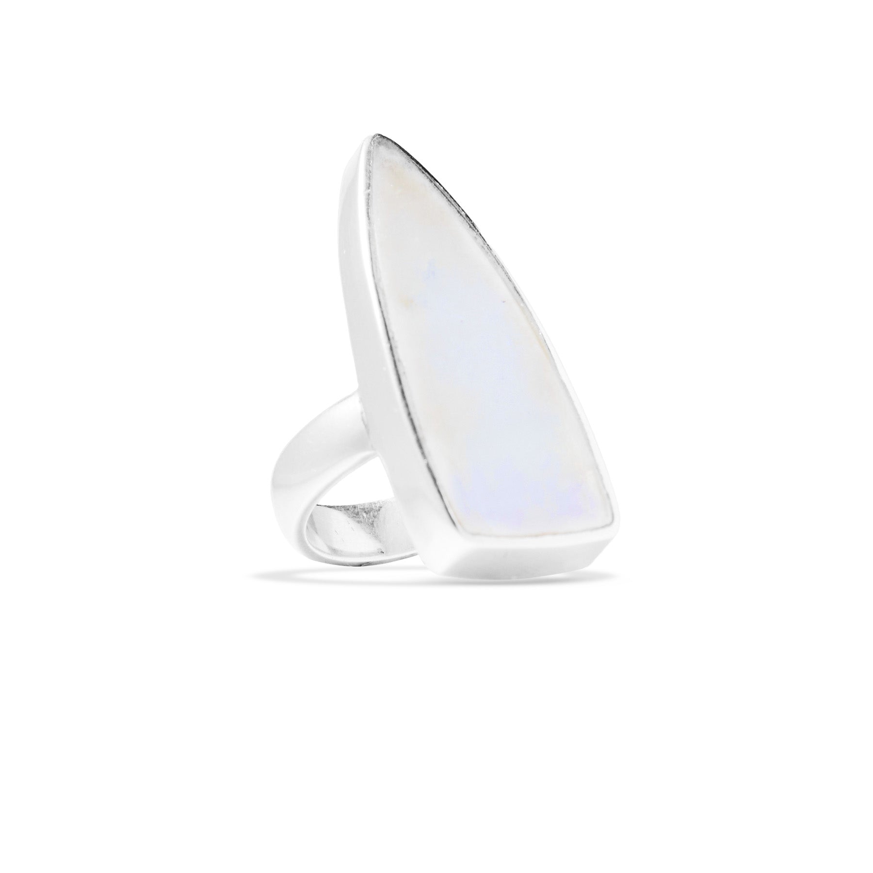 Silver ring with a Rainbow Moonstone on a white background