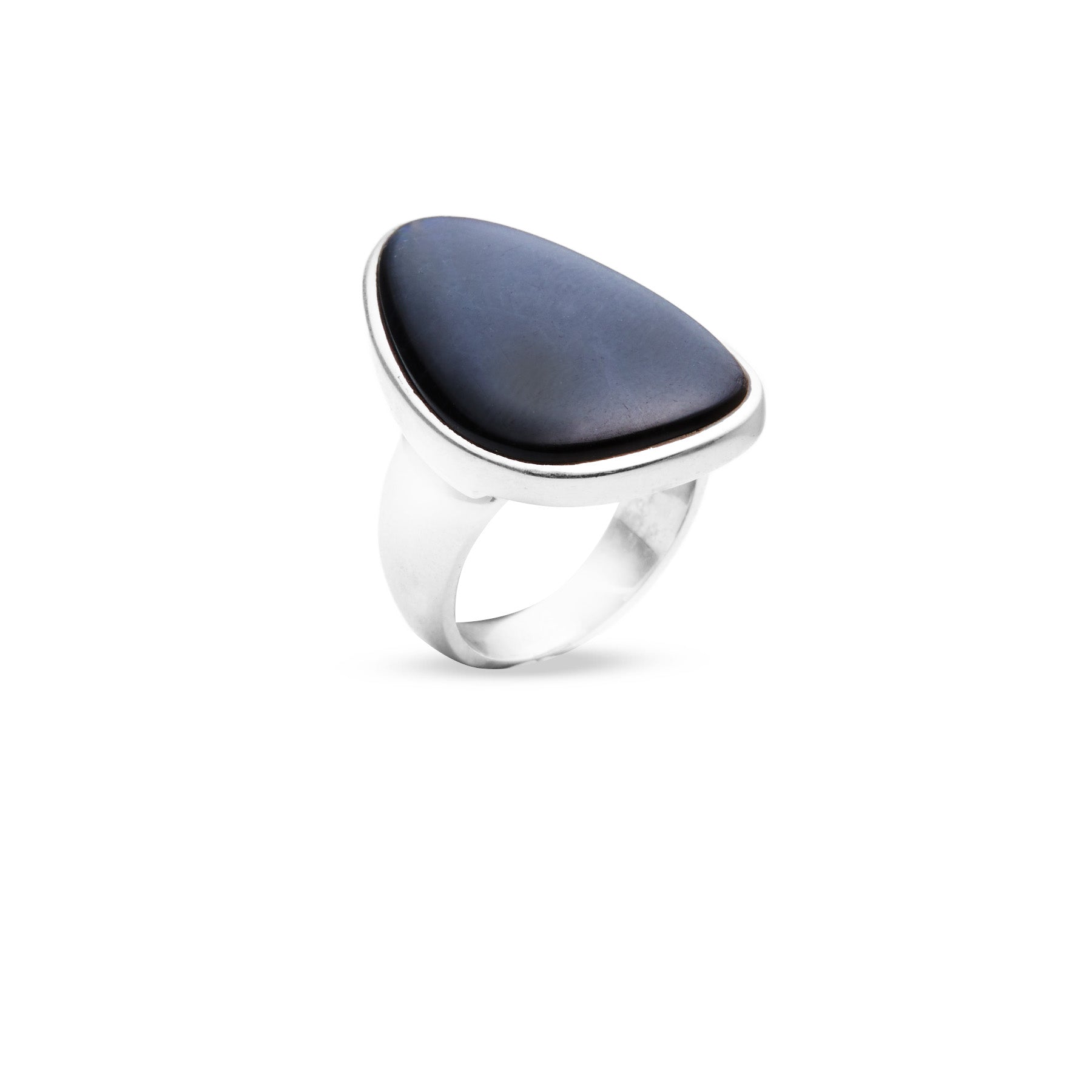 Silver ring with a dark blue gemstone on a white background