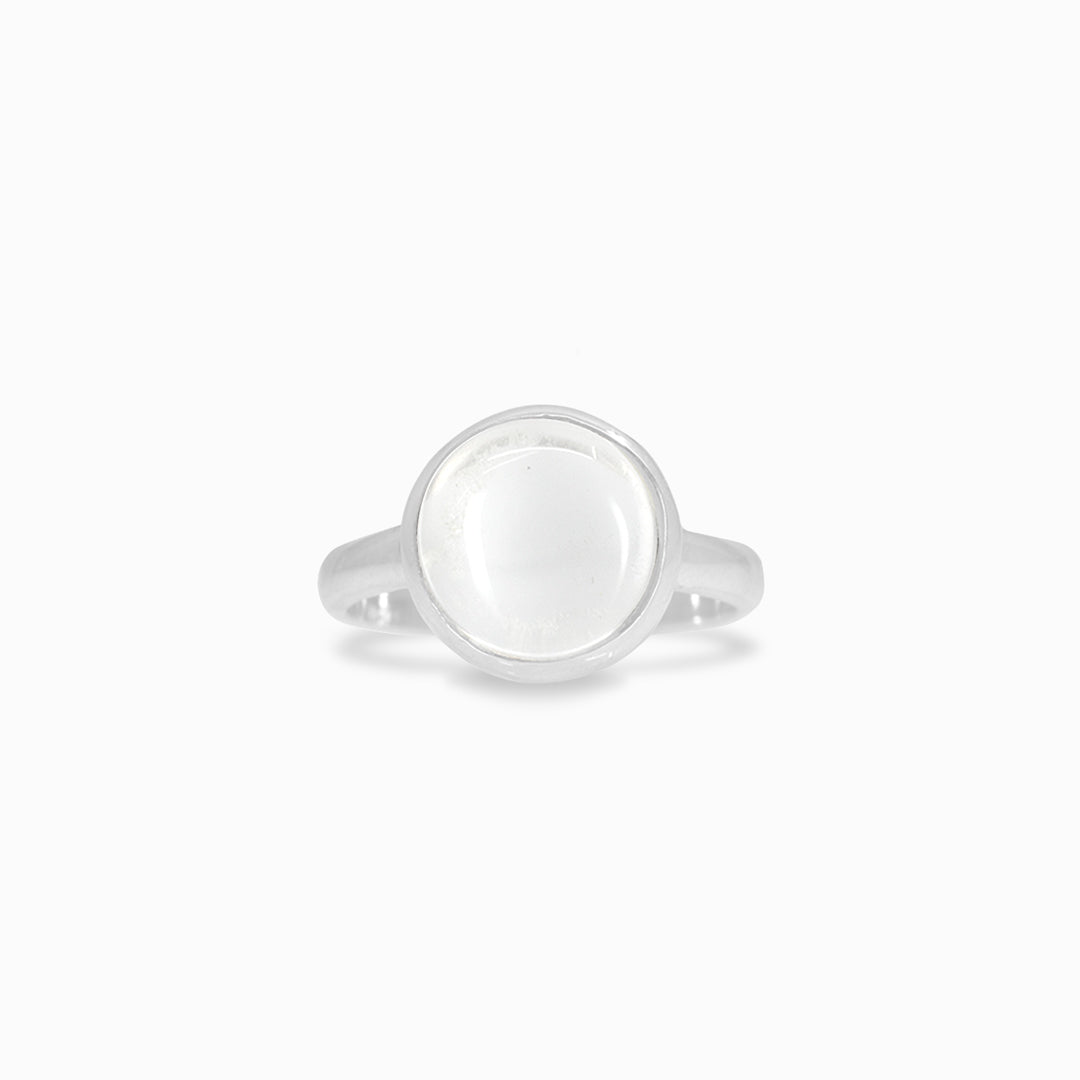 Silver ring with a clear stone on a white background.