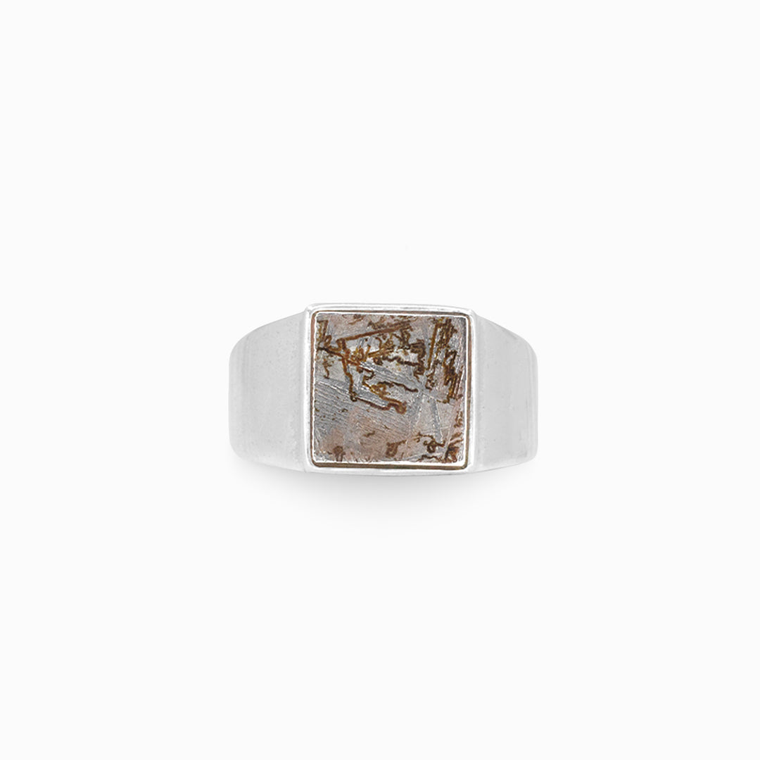 Silver ring with a metallic stone on a white background
