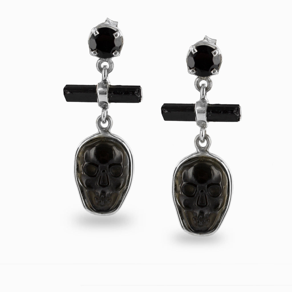 Black Onyx, Black Tourmaline & Black Obsidian Skull Stud Earrings