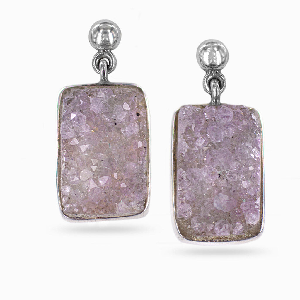 rectangular pale purple druzy gem on silver drop-stud earring