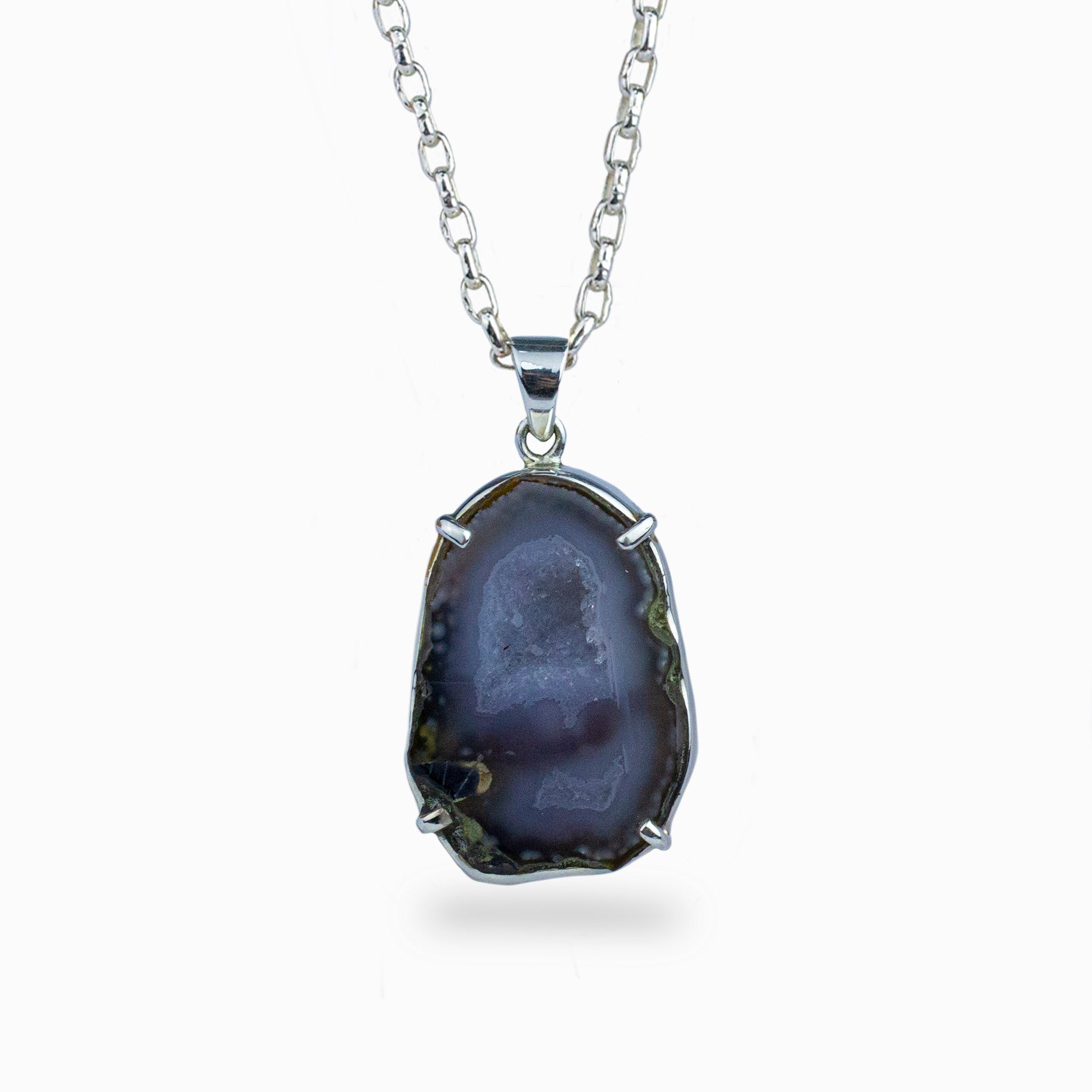 Sterling silver claw bezel set geode deep in blues with a touch of green on a sliver chain