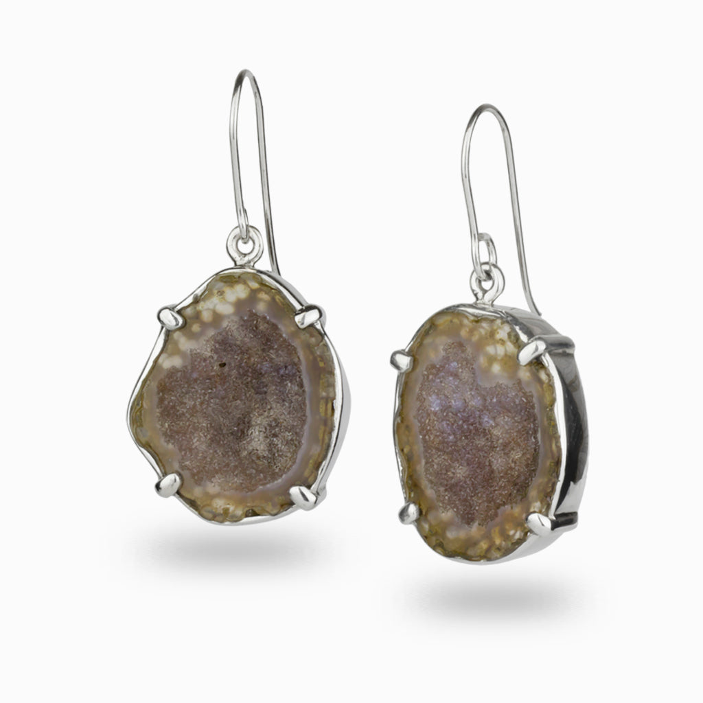 Agate Geodes with claw bezel finish drop hook earrings