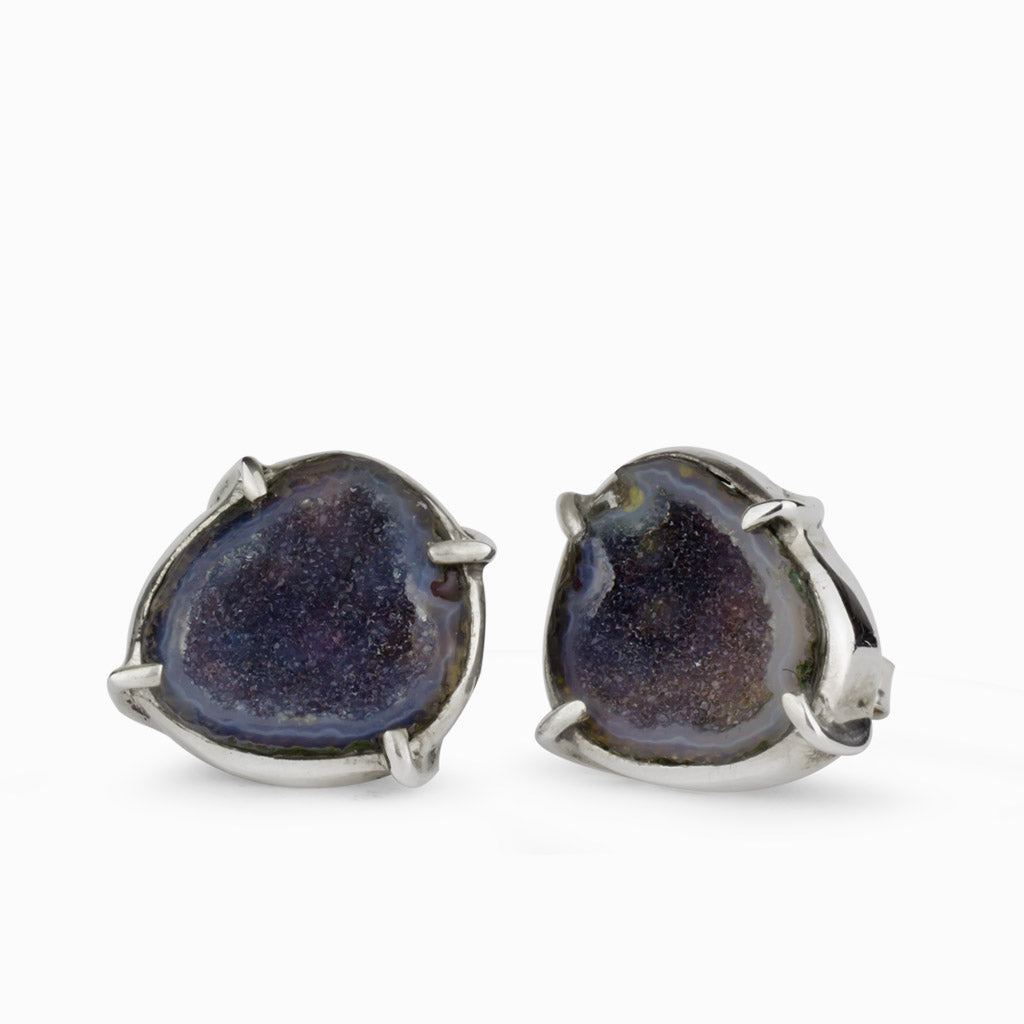 Dark purple agate geodes in a claw bezel setting stud earrings