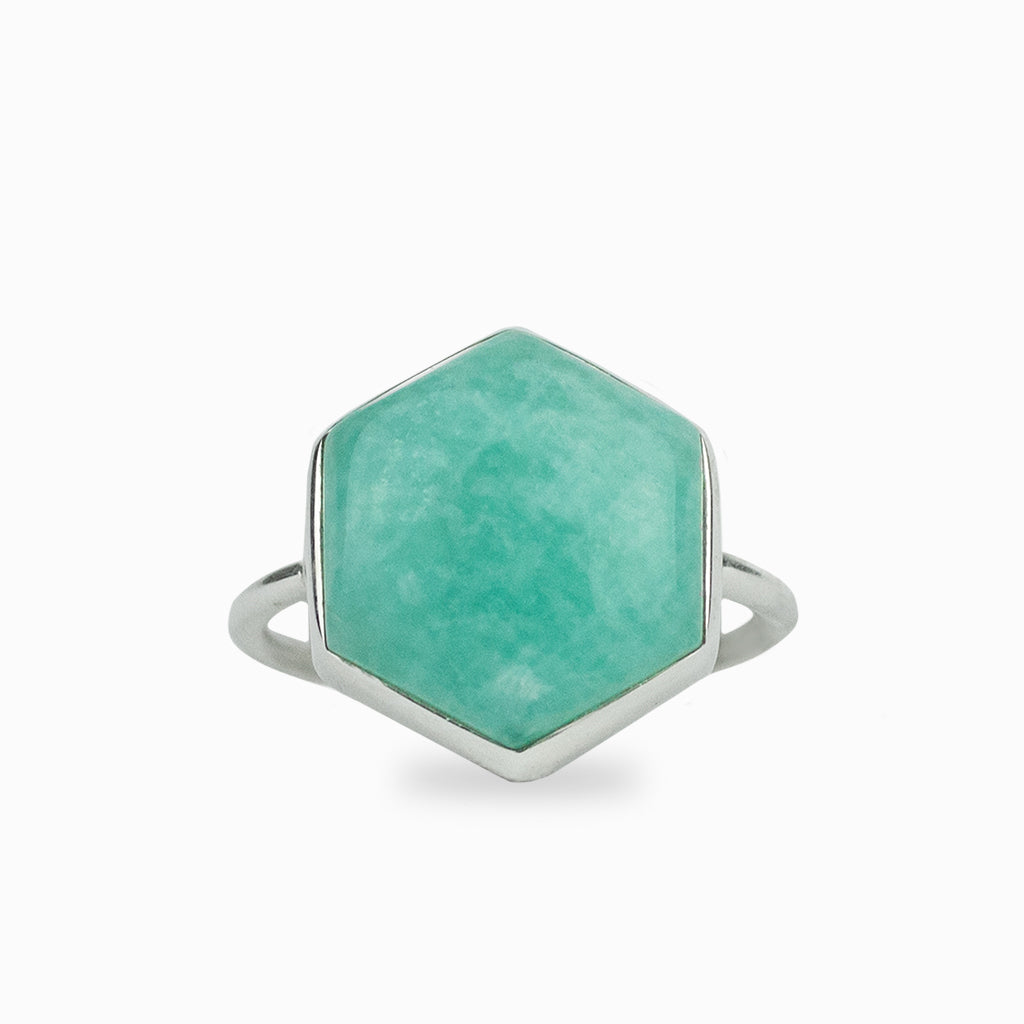 Teal coloured hexagon shaped crystal, cabochon cut, 925 sterling silver bezel set.