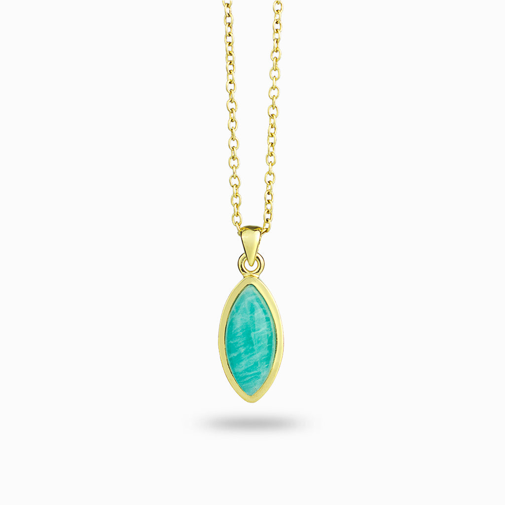 Teal blue amazonite with white stokes. Cabochon cut, marquise shape, bezel set in 14k yellow gold vermeil, on a 14k yellow gold vermeil chain.
