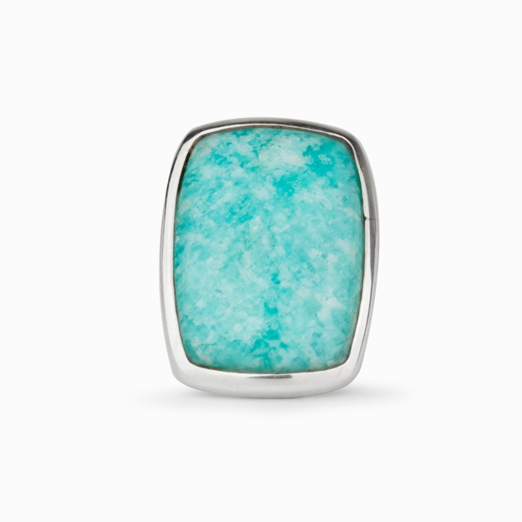 sky blue with white cloud like effect. cabochon cut crystal, rectangle shaped ring, set in 925 sterling silver bezel