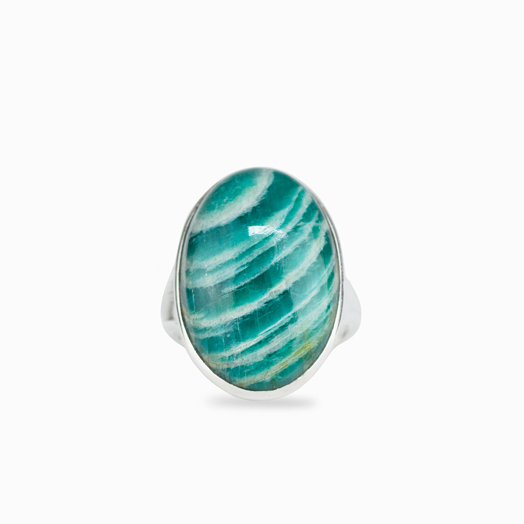 teal and white striped oval stone. Cabochon cut set in 925 sterling silver bezel
